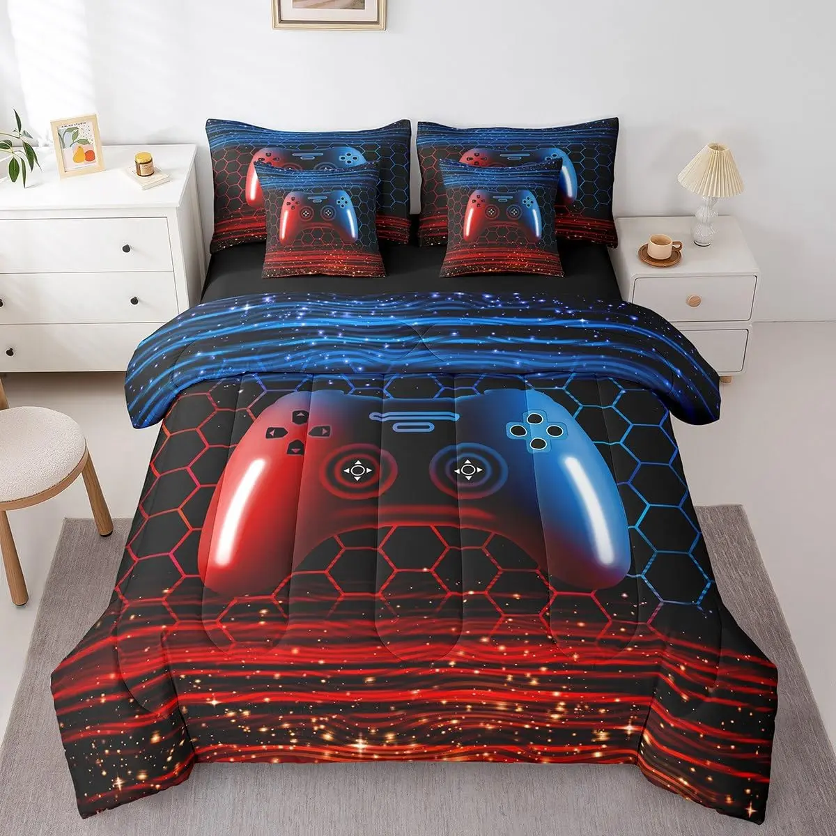 Feelyou 7-Piece Gaming Bedding Set - Ultra-Soft Microfiber Bed-in-a-Bag, Colorful Geometric Gamepad Print Comforter, Blue and Red Honeycomb Design for Boys, Colorful Microfiber Bedding, Colorful Bedding