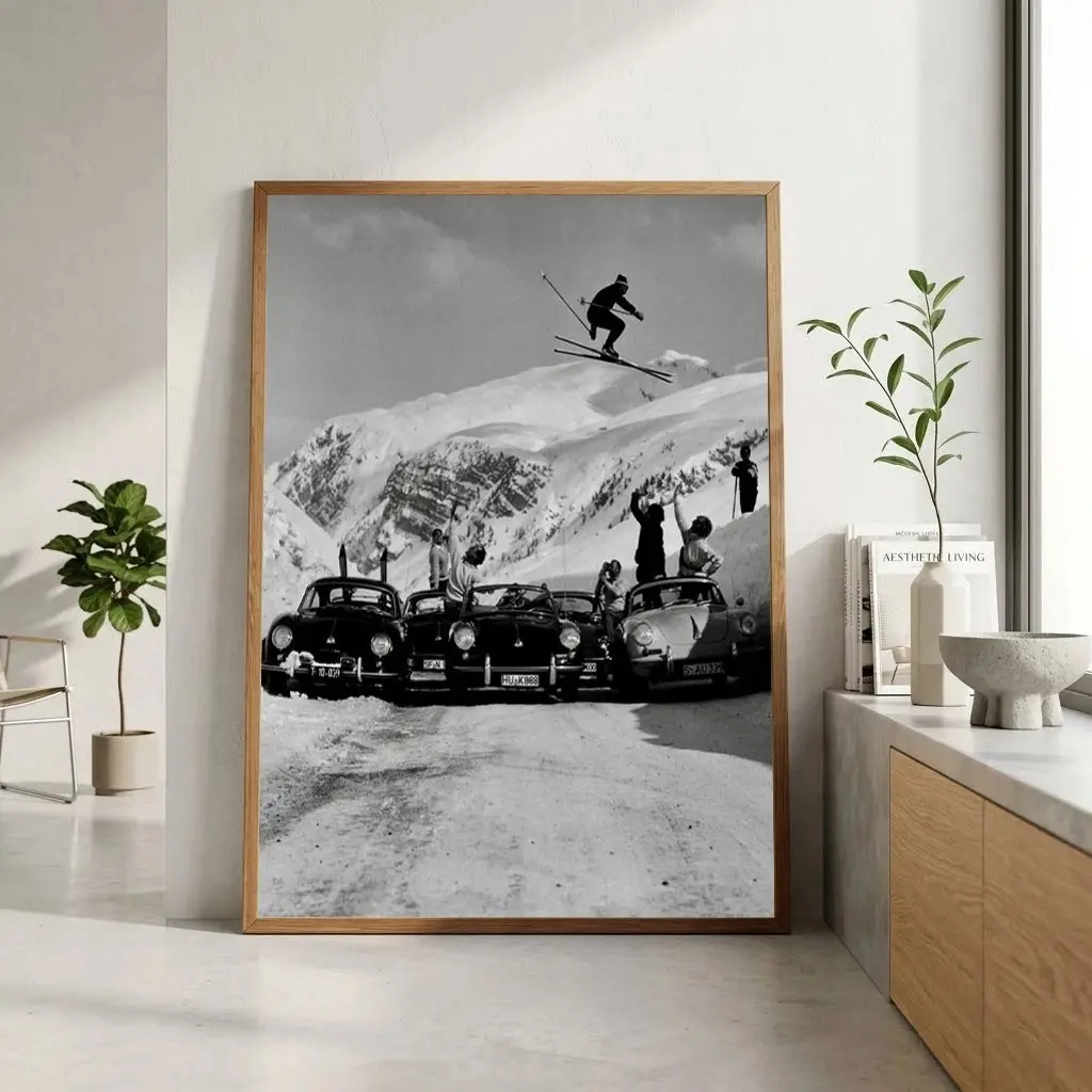 Vintage Skier Jumping High Retro Black & White Ski Wall Art Poster 2026