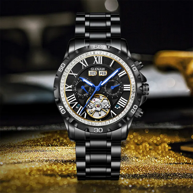 Men's Automatic Mechanical Watch with Diamonds – Black Perpetual Calendar Series