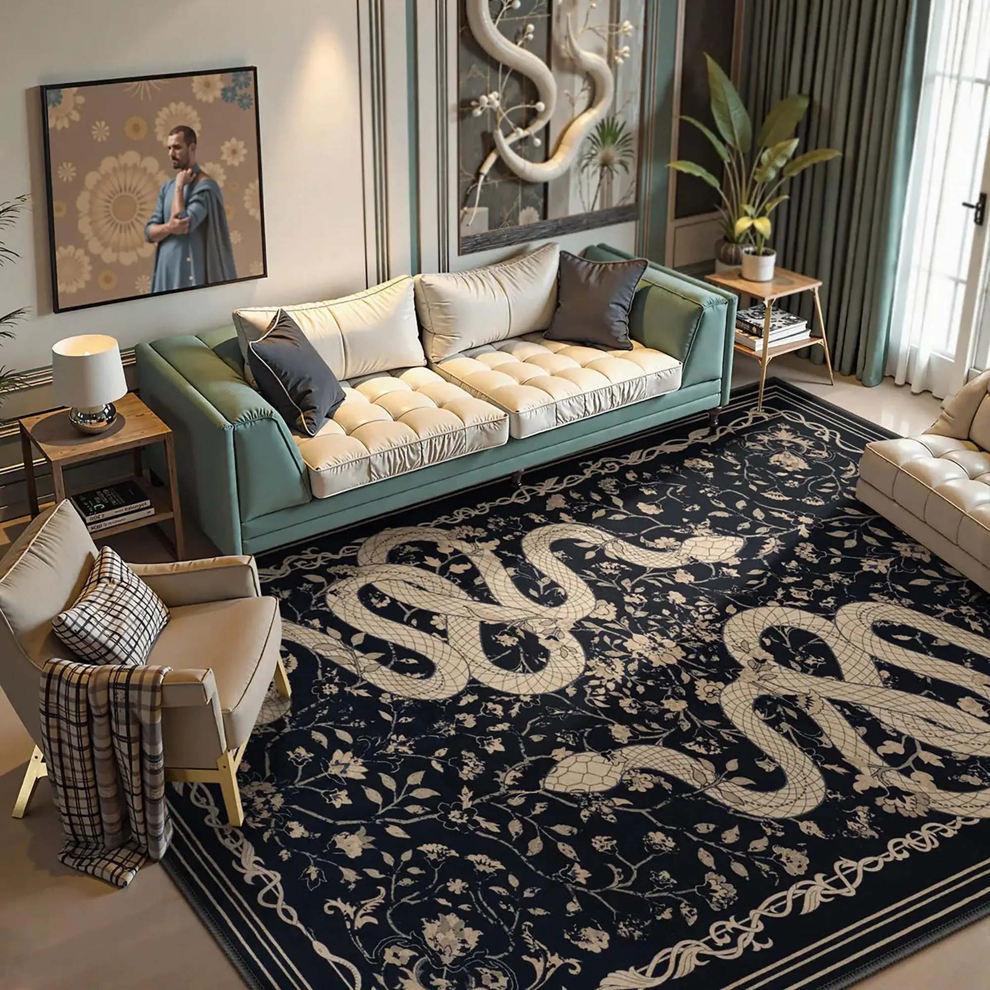 Bohemian Vintage Snake Floral Print Carpet Mat, High-Quality Creative Art Fashion, Foldable Non-Slip Easy Clean, Bohemian Style Rugs, Boho Style Rug, Bohemian Area Rug, Bohemian Pattern Mat