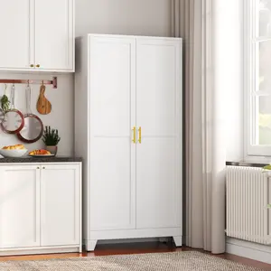 75" Tall Metal Kitchen Pantry Storage Cabinet with 2 Doors and 5 Adjustable Shelves - Kitchen Cabinet with Gold Handles, Suitable for Kitchen, Bathroom, Dining Room, and Living Room