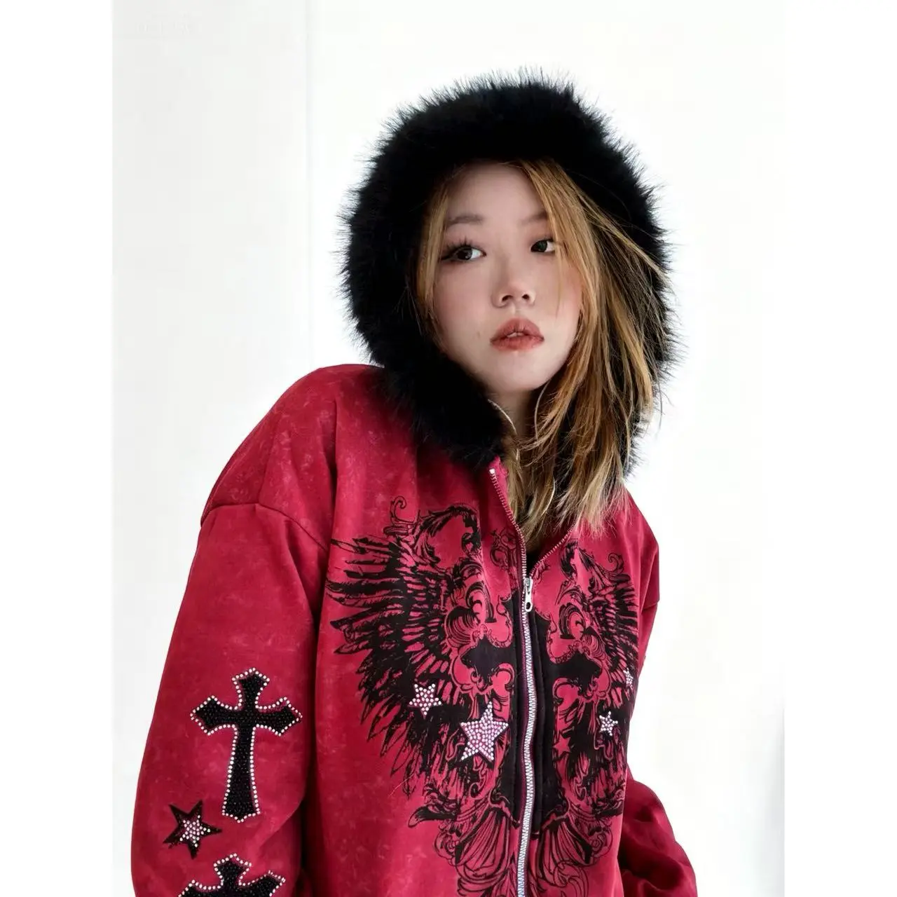 ALIELNOSIRRAH 'Divine Night' Gothic Cross Zip Up Hoodie Faux Fur