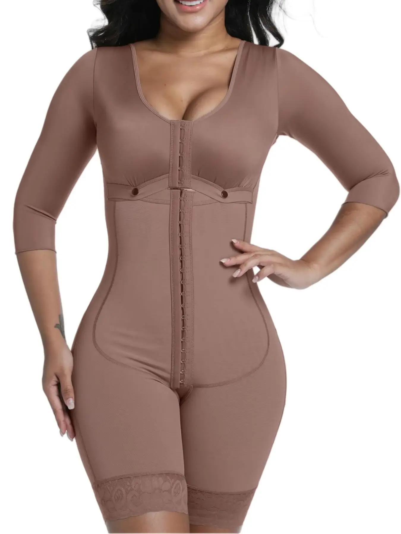 1 Count Women's Long Sleeve Shapewear Bodysuit Underwear, Seamless, Smooth, Fabric, Fit, Fajas, Butt Lifting And Tummy Control Colombian Shapewear, Body Shaperwear With Bra, Body Shaper Jumpsuit With Adjustable Hooks, Suitable For Daily, Sport, Yoga