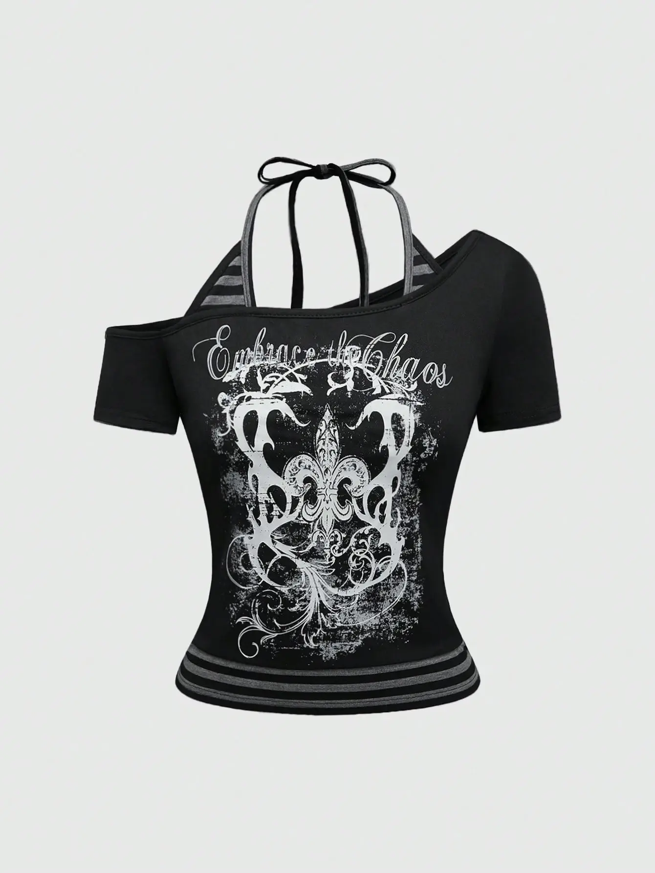 LALUZ Grunge Punk Graphic Black Gothic Dark Palace Mysterious Cross Sun & Moon Sexy Allover Printed Crop Top