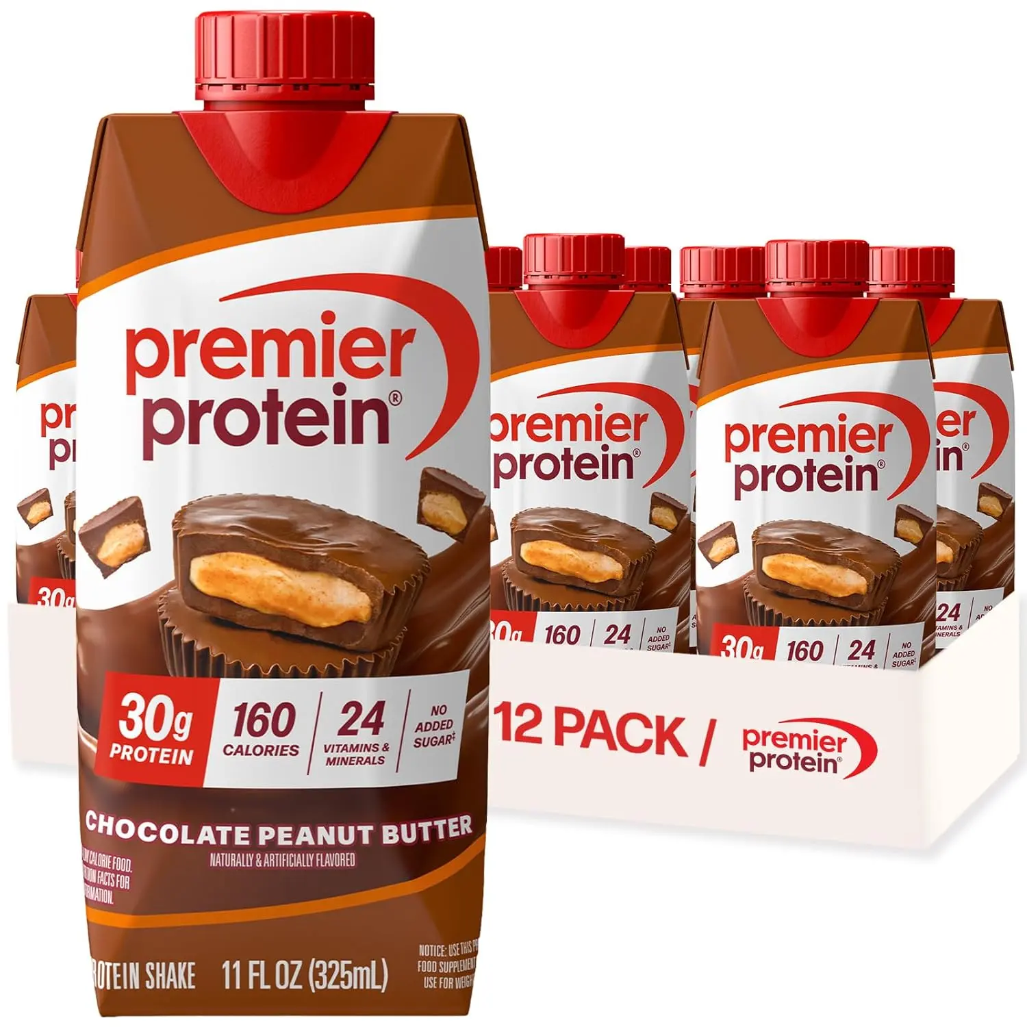 Premier Protein Shake, Chocolate Peanut Butter, 30g Protein, No Added Sugar, 24 Vitamins & Minerals to Support Immune Health, 11 fl oz, 12 Pack