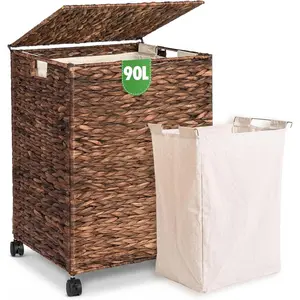 Wicker Laundry Hamper with Lid & Wheel, 23.8 Gallon (90 L) Handwoven Water Hyacinth Laundry Basket with Removable Liner & Handles, Sturdy Steel Frame for Bedroom Bathroom Laundry Room Espresso