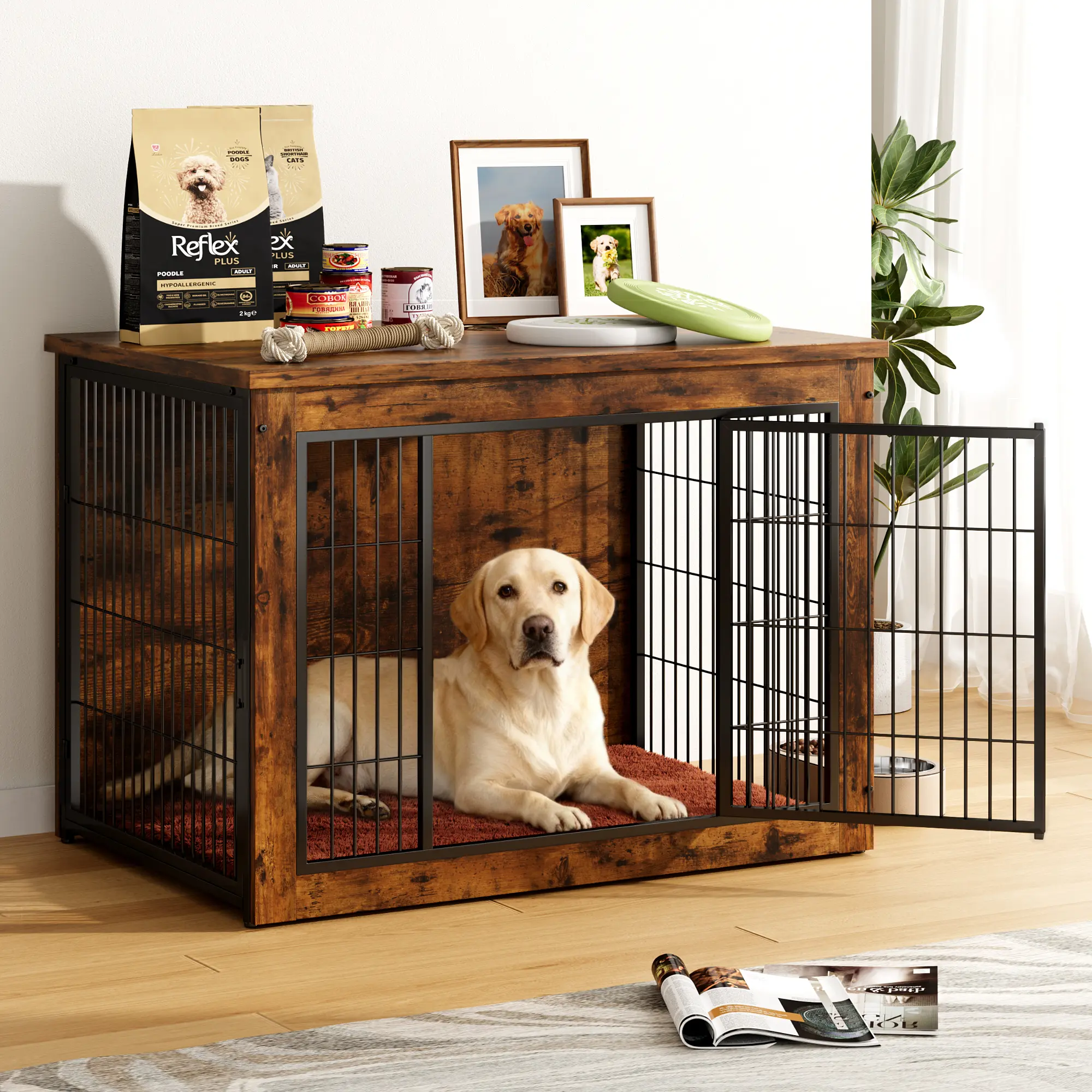 Heavy-Duty Wooden Dog Crate Side Table, Indoor Pet Furniture Crate Table with Double Door, Chew-Resistant Kennel for Small to Medium-Large Dogs