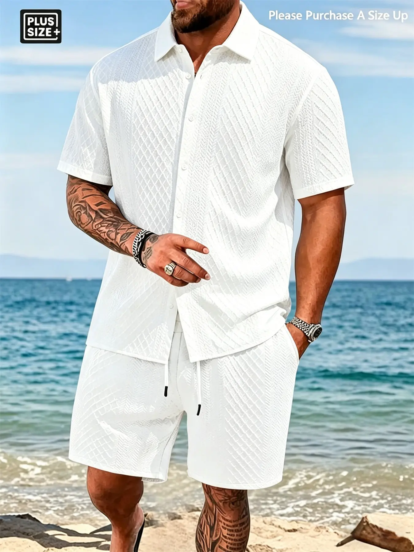 Men's Plus Size Textured Diamond Jacquard 2-Piece Short Sleeve Shirt & Drawstring Shorts Set, Breathable Casual Loungewear for Summer, Tropical, Beach, Vacation, Daily Wear & Streetwear, Clothes