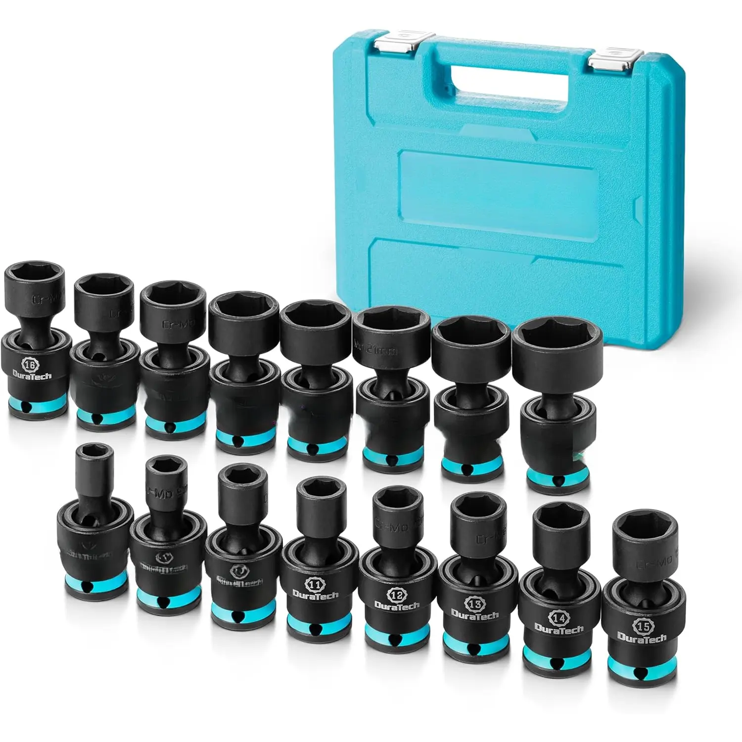 3/8" Drive Impact Swivel Socket Set, 16 count Shallow Universal Impact Socket Set with Flexible Wobble, Metric, Cr-Mo Steel, 6 Points, Organized in Sturdy Storage Case(8-24mm)