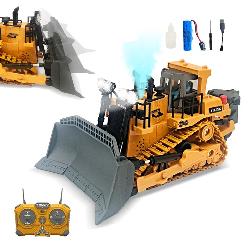 11-Channel Metal Remote Control Bulldozer - RC Controlled Realistic Kids Construction Play Toys with Spray, Lights and Sound, Track Type Tractor Toys for Boys, Kids Birthday Christmas Gifts, RC Construction Vehicles