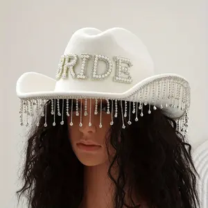 [Glittery Bride Hat] Stylish White Glittery 1pc BRIDE Cowboy Hat with Pearl Rhinestone Tassels - Wide Brim Bridal Hat for Weddings, Bachelorette Parties, and Themed Events, Bridesmaid Gifts