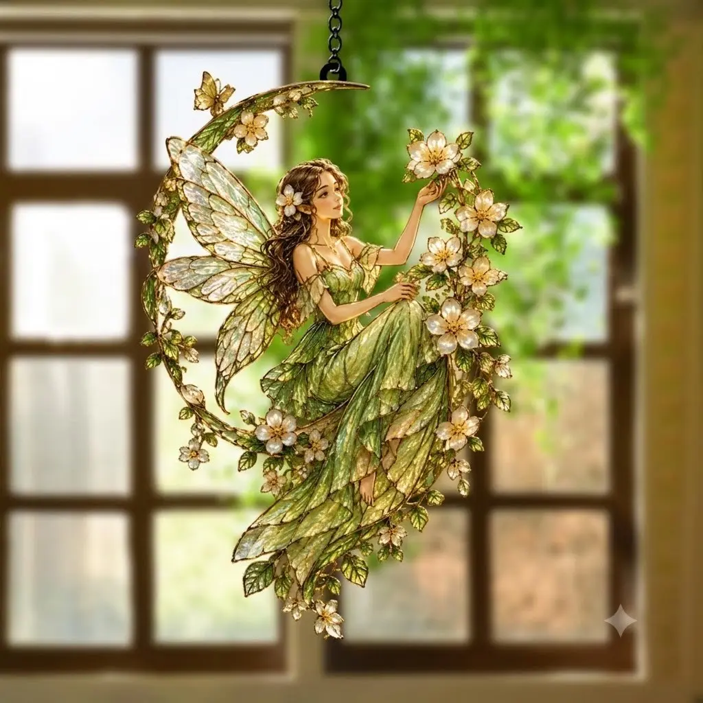 Enchanting Woodland Fairy Suncatcher Crescent Moon Hanging Ornament High-Quality Vibrant Acrylic Decor Magical Gift for Nature Lovers Whimsical Garden Home Window Art Piece Aesthetic Accessory