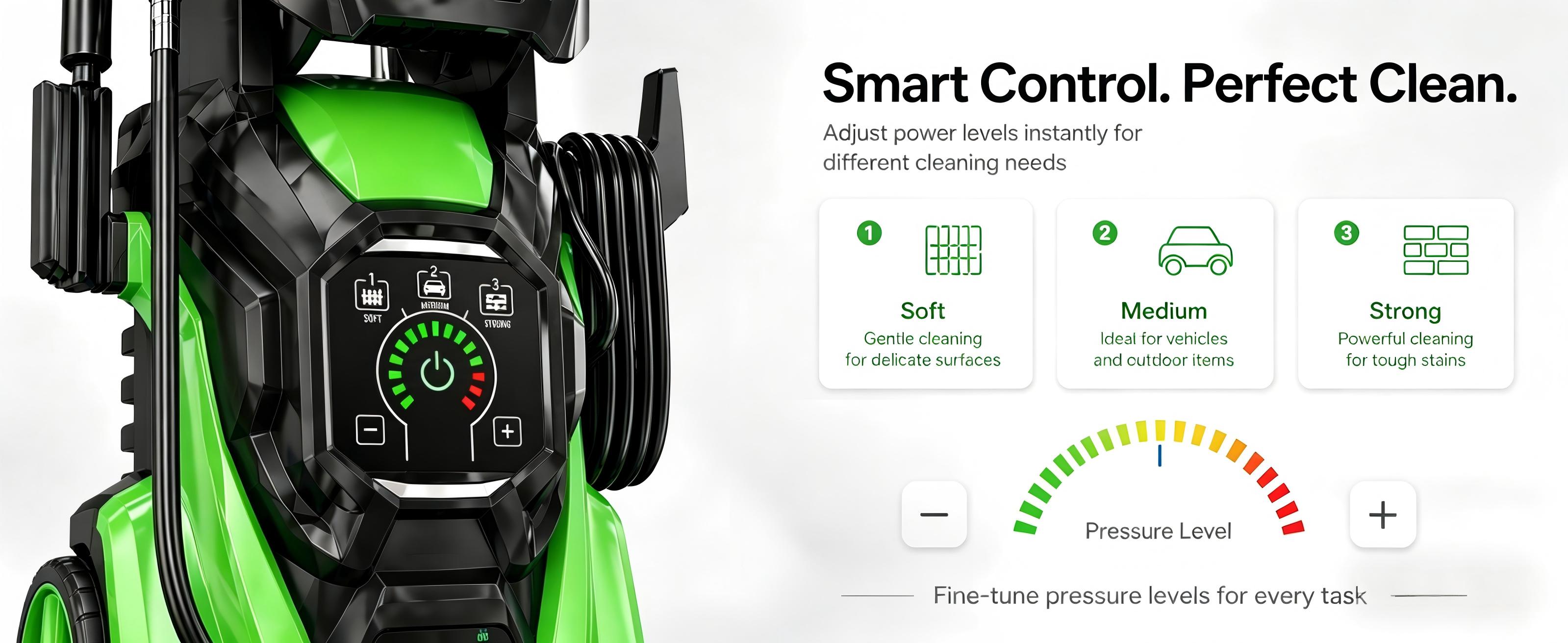 Pressure Washer with Smart Control and 15 Levels of Adjustment, 4500 PSI 3.2 GPM Electric Pressure Washer, Kink Resistant Hose, Quick Connect Fittings and Soap Tank for car, home, driveway, patio, fence, sidewalk, balcony, furniture Cleaning Pressure Washer with Smart Control and 15 Levels of Adjustment, 4500 PSI 3.2 GPM Electric Pressure Washer, Kink Resistant Hose, Quick Connect Fittings and Soap Tank for car, home, driveway, patio, fence, sidewalk, balcony, furniture Cleaning