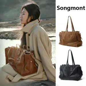 Women's Songmont Genuine Leather Tote Bag - Large Capacity Multifunctional Briefcase Shoulder Bag with Golden-Tone Hardware, Zipper Closure