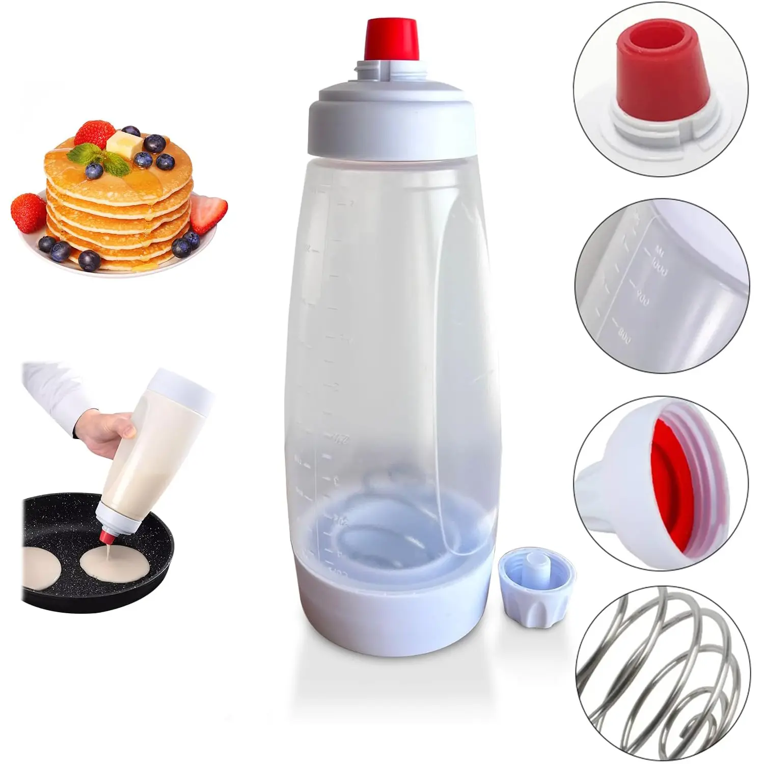Durable PVC Compact Kitchen Pancake Batter Dispenser - Red Cap & White Body, Easy Pouring & Measuring Tool for Food & Beverage Pancake Making