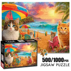 1pc 1000 piece adult puzzle 70x50cm Cats on Beach with Umbrellas, Chairs and Surfboards 500 pieces paper jigsaw puzzle suitable for DIY creative games for adults and families, birthday and holiday