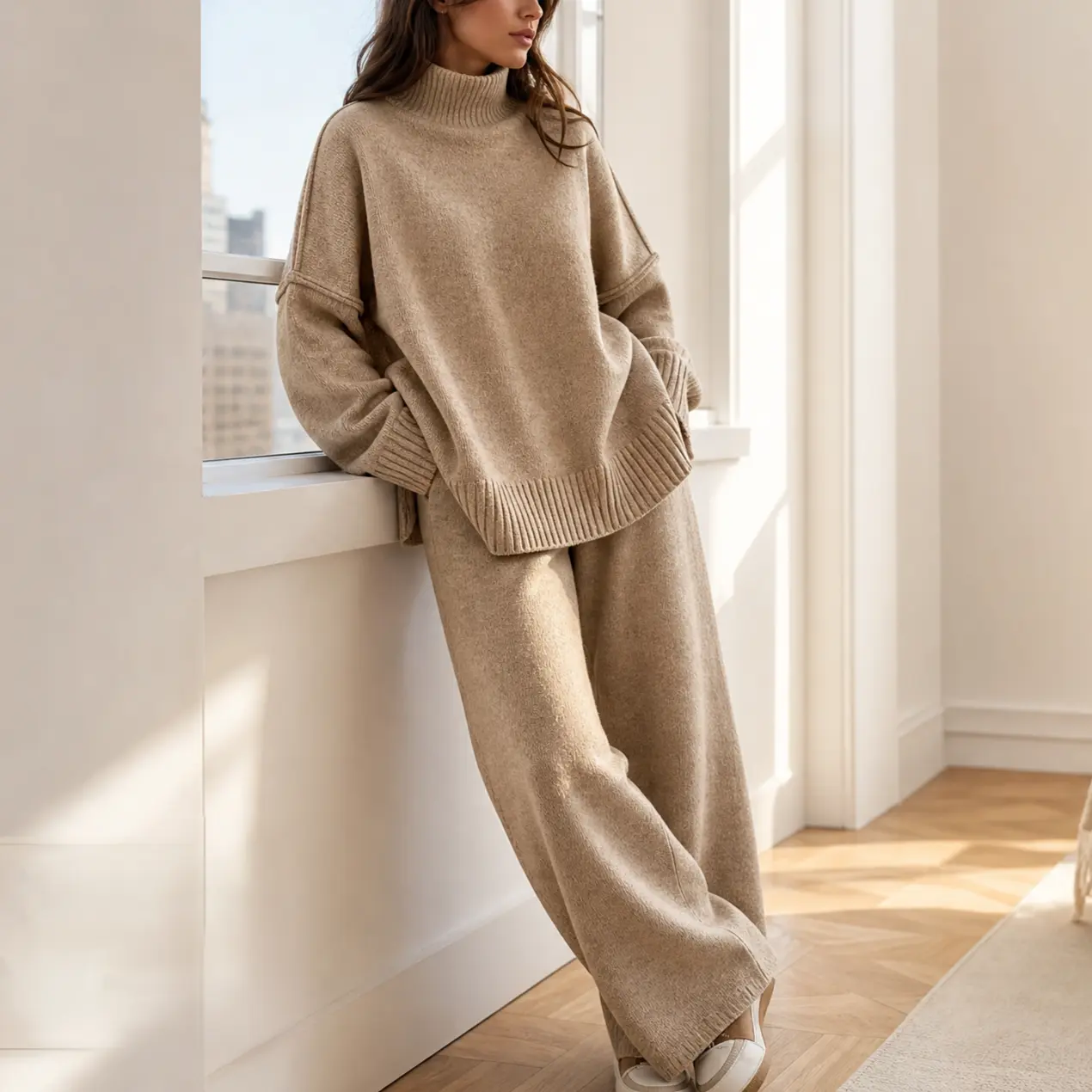 Arssm Women’s 2 Piece Sweater Lounge Set – Mock Neck Knit Top & Wide Leg Pants, Casual Fall Matching Sweatsuit Tracksuit Outfit for Cozy Travel & Daily Wear