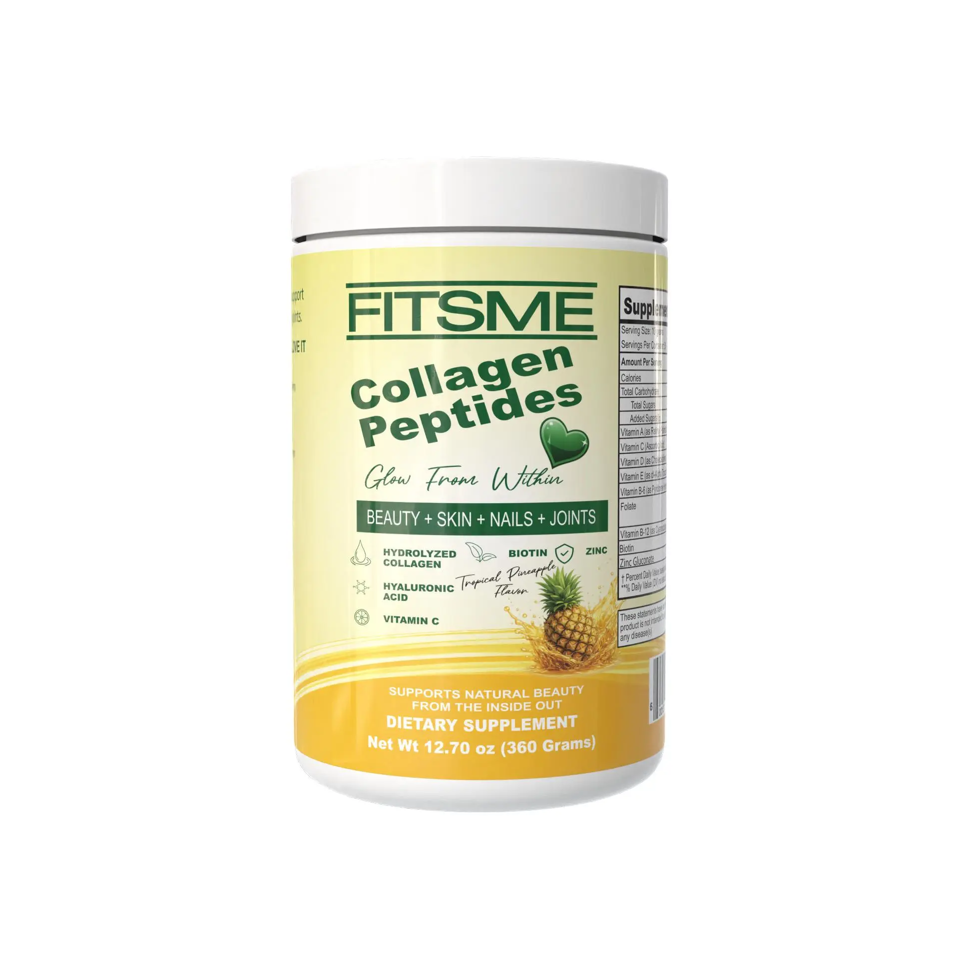 Fitsme Collagen Peptides Dietary Supplement - Beauty Boost, Biotin, Vitamin, Zinc - Tropical Pineapple Flavor for Inner Glow