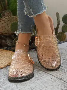 Women's Retro Hollow Out Braided Sandals, Buckle Decor Eva Foam Thick Sole, Summer Anti-Slip Slippers, Breathable PVC Upper