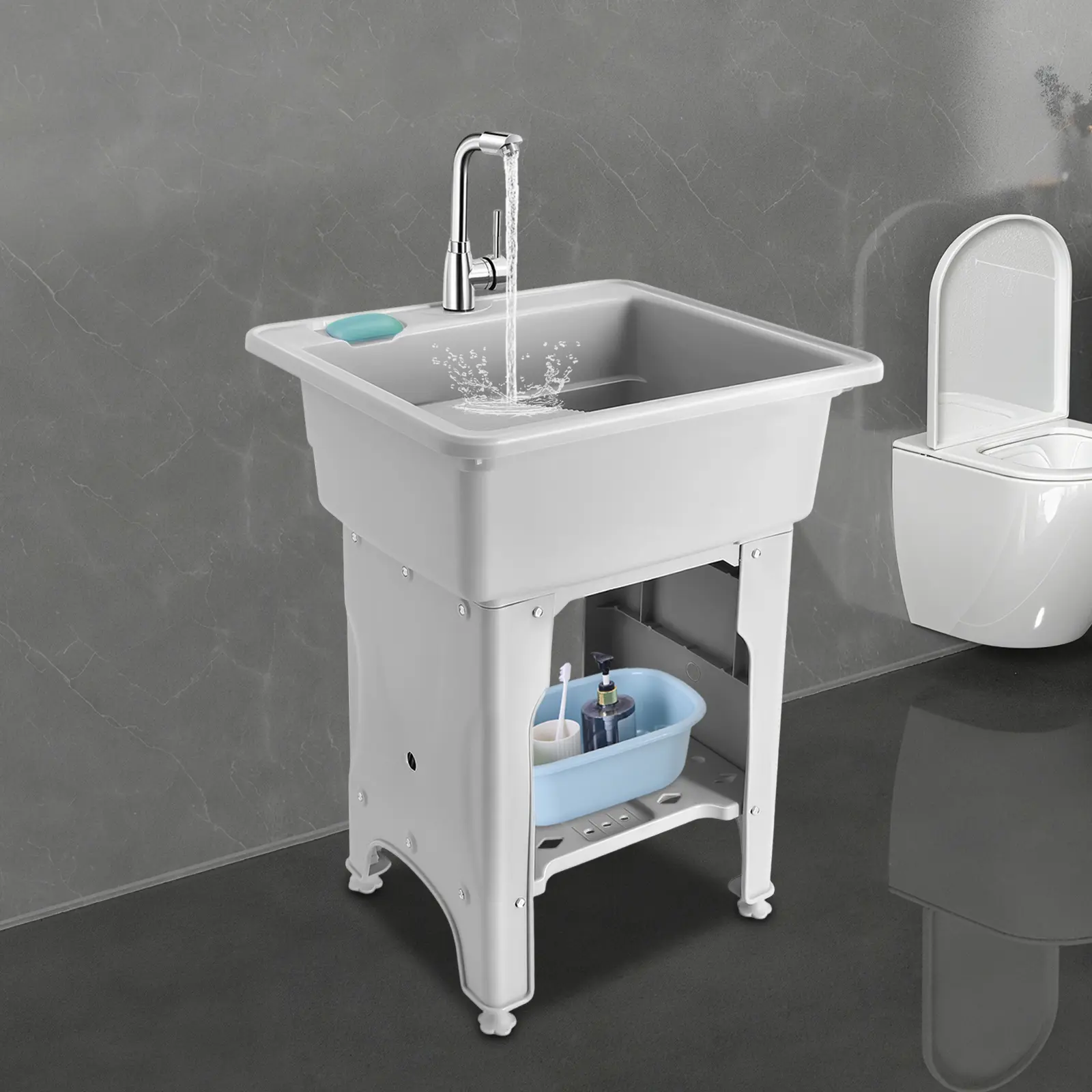 Summerwins Heavy-Duty Rectangle PP Laundry Sink - 21.65*16.93*9.06 in, 360° Swivel Faucet, 1 Washboard, Removable Board, 441 lbs Capacity, Classic Utility Sink for Bathrooms, Balconies, Basements (Assembly Required), 21.65*16.93*9.06 Inch