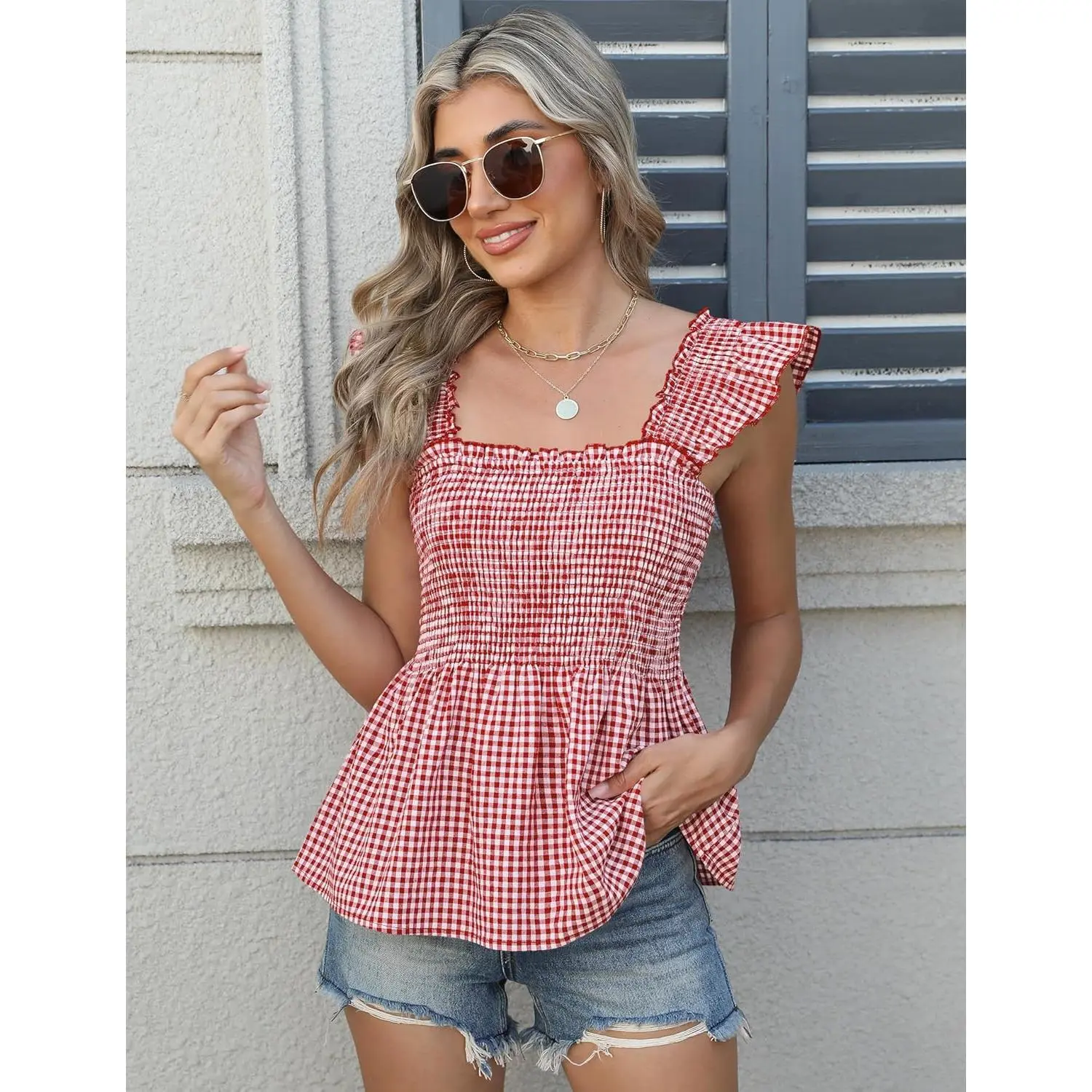 Womens Tank Tops Fashion Summer Ruffle Flying Sleeve Smocked Blouses Square Neck Sleeveless Shirts Babydoll Shirt Womens Tank Tops Fashion Summer Ruffle Flying Sleeve Smocked Blouses Square Neck Sleeveless Shirts Babydoll Shirt