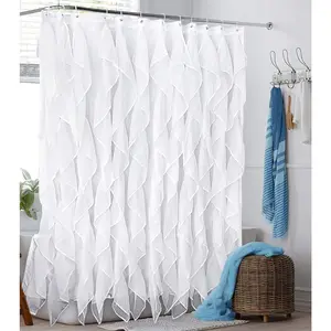 White Ruffle Shower Curtain Fabric/Cloth Farmhouse Bathroom Sheer Shower Curtain, 72in Long