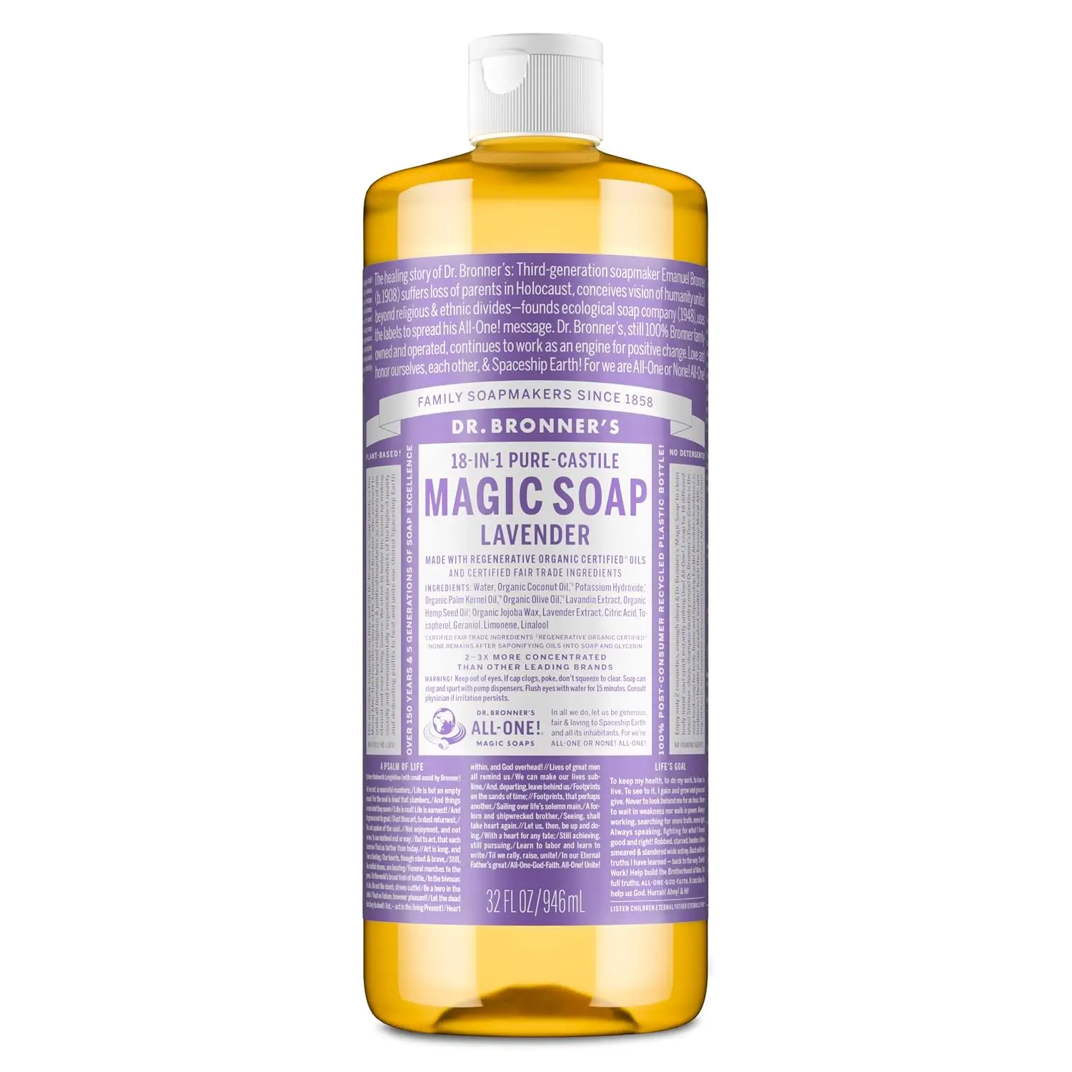 Dr. Bronner's Pure-Castile Liquid Soap, Made with Organic Oils, 18-in-1 Uses: Face, Body, Hair, Laundry, Pets and Dishes, Concentrated, Vegan, Non-GMO, Lavender, 32 Oz