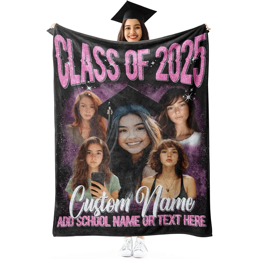 Custom Photo Blanket - Class of 2025 Personalized Graduation Gift with Name, 5 Photos, Comfy Blankets for Him or Her, Custom Photo Blankets