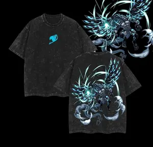 Acnologia x Fairy Tail Anime Double Printed Vintage Washed Tee Unisex Oversize Heavyweight Cotton T-shirt for Anime Fans and Lovers  Top Oversized Streetwear Breathable Seamless Man Man Tropical