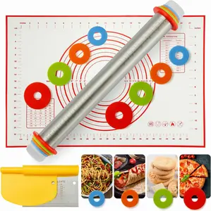 Stainless Steel Dough Rolling Pin Set with Thickness Rings, Silicone Baking Pastry Mat & Bench Scraper, for Baking Pizza Cookies Pie Pasta Pastries
