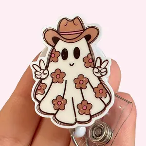 Glitter My Badge Halloween western ghost badge reel for nurse and hospital workers. Badge clip Badge pull - Retractable swivel clip with a 360 rotation. Great gift for coworker.
