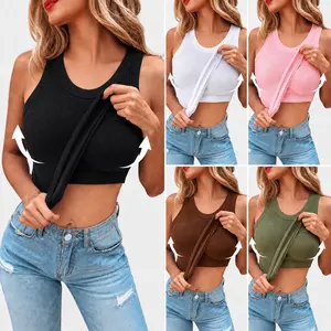 New Fashion Built in Bra Tank Top, Round Neck Solid Color Women's Tank Top, Sexy Women's Bottom Tank Top, Available in Multiple Colors, No Need for Bra, Stretchy ribbed fabric
