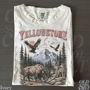 Yellowstone National Park Vintage 90s Stlye T-Shirt, Wildlife Graphic Tee with Bison Wolves Eagles, 90s Hiking Nature Shirt, Comfort Colors® AT7