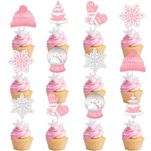 1Set Winter Party Cake Decorations  Pink Snowflake Cupcake Toppers Snowman  Christmas Tree Cake Decor  Baby Shower Party Supply for Girls 1anniversary Birthday