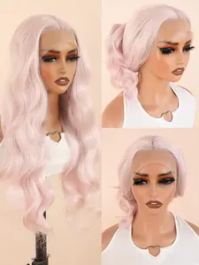 Women's Light Pink Long Wavy Synthetic Lace Front Wig Glueless, Natural Hairline Design, Suitable for Daily Use & Party, Lightweight Comfortable Fit