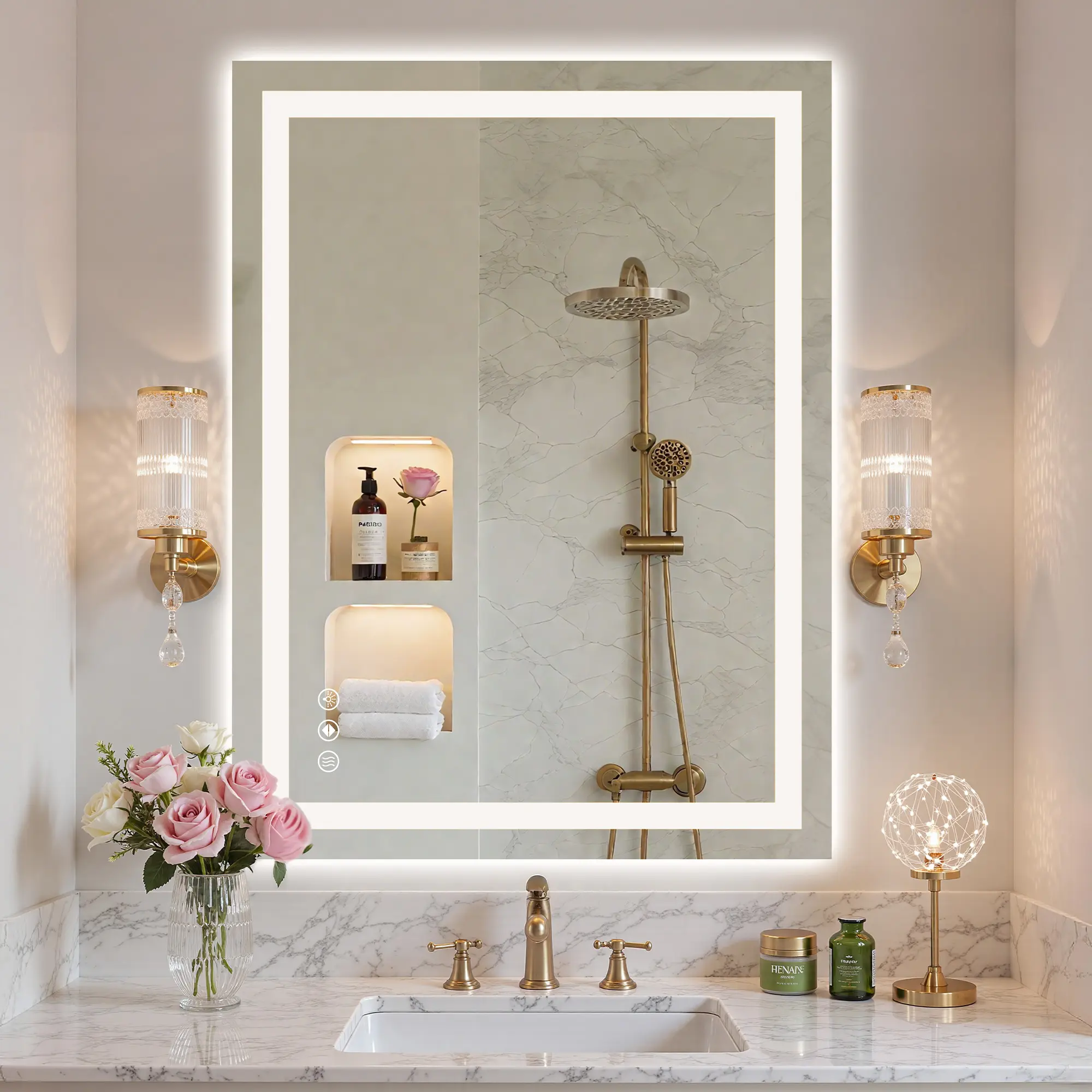 DUMOS Anti-Fog Bathroom Mirror, Wall-Mounted LED Vanity Mirror with Double Front-and-Back Lights, Dimmable Tempered Glass, Shatter-Proof, Memory Function, Anti-Fog Bathroom Mirrors