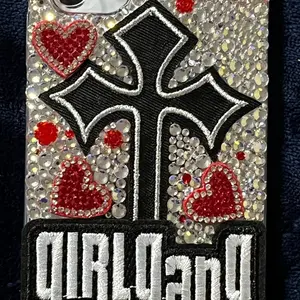 iPhone 11 Girl Gang Case with Hearts and Black Cross Design Sparkling Rhinestones for Stylish Protection