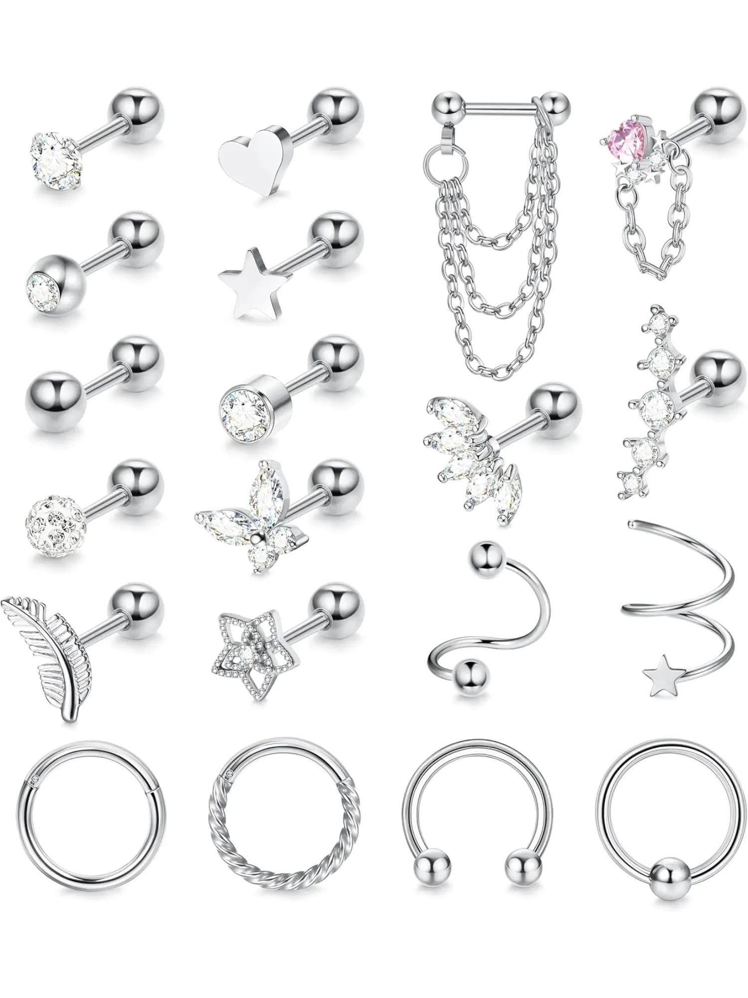 Dazzling 20 Pcs Silvery Diverse 16G Cartilage Earrings Piercing Tragus Surgical Steel Earrings for Women Men Feather Heart Star Hoop Earrings Ear Studs Piercing Ear Tragus Helix Conch Earrings Stud Earring Jewelry