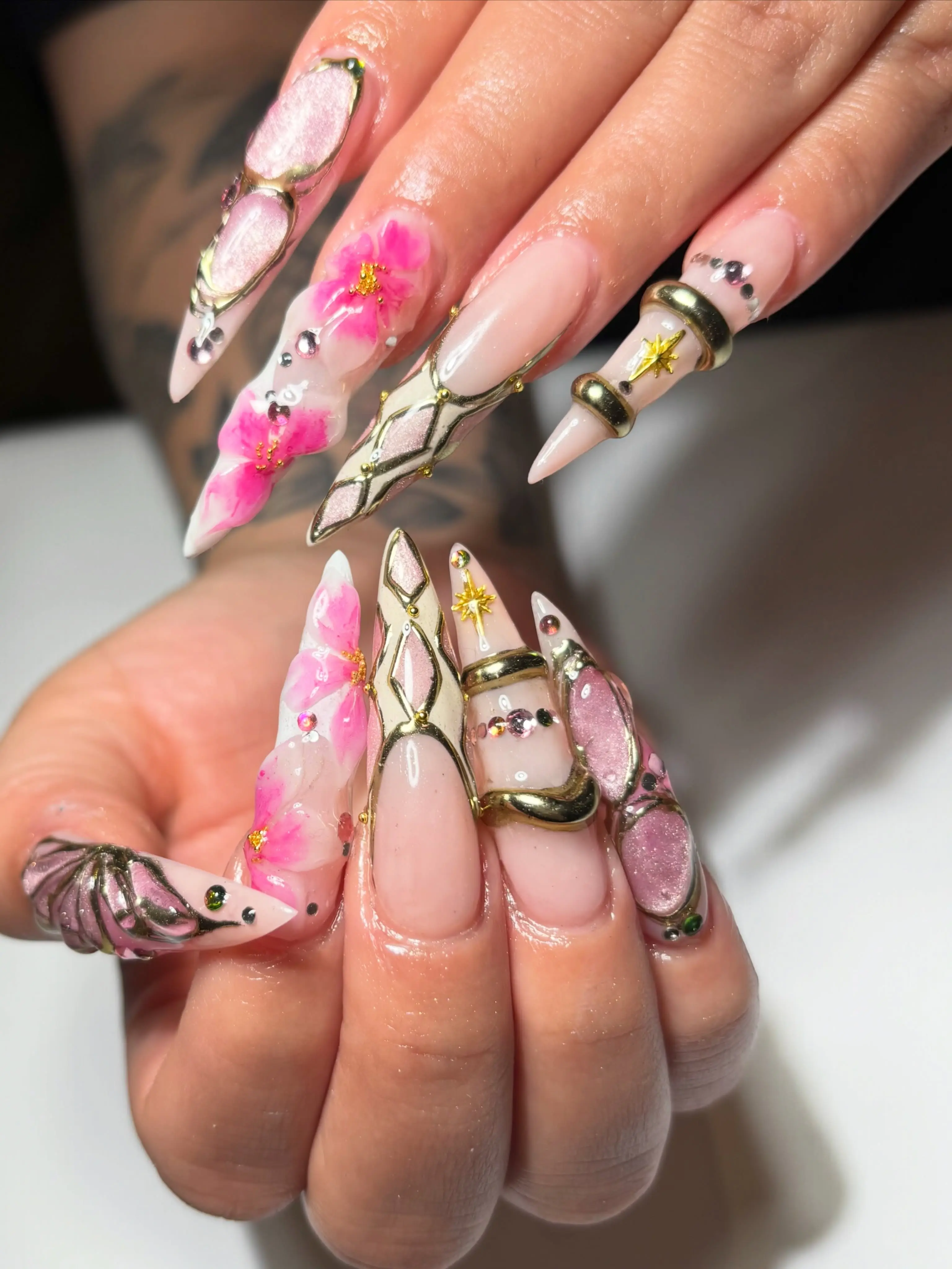 [New Model] 10 PCS Handmade Press on Nails, Rosy Dewdrops Set, Luxury Gel-X Nail Art • 3D Flowers • Chrome Details • Custom Nail Designs, Pink Nail Designs Ideas, Y2K 3D Gel Nails, Trending Nail 2026
