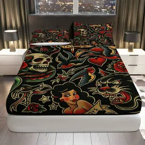 3Pcs Tattoo Rock Skull Fitted Sheet Three Piece Set (1*Fitted Sheet+2*Pillowcases, Coreless), Gothic Theme, Dark Bedroom Decor, Mattress Protector Soft, Breathable, Decorative Bedsheet Sets