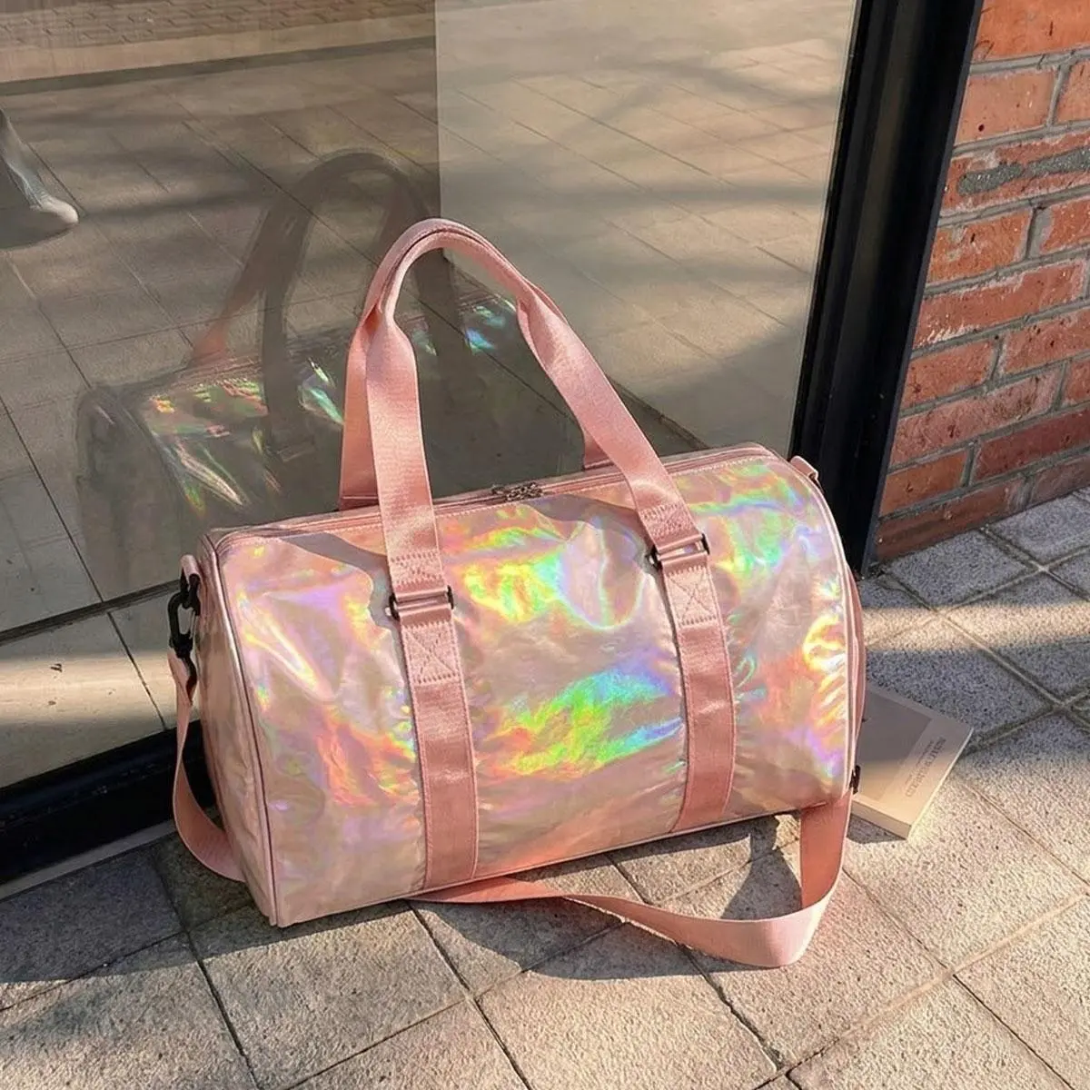 Women's Holographic Sporty Gym Duffel Bag - Water-Resistant, Lightweight Travel Weekend Bag with Shoe Compartment, Sporty Gym Bags