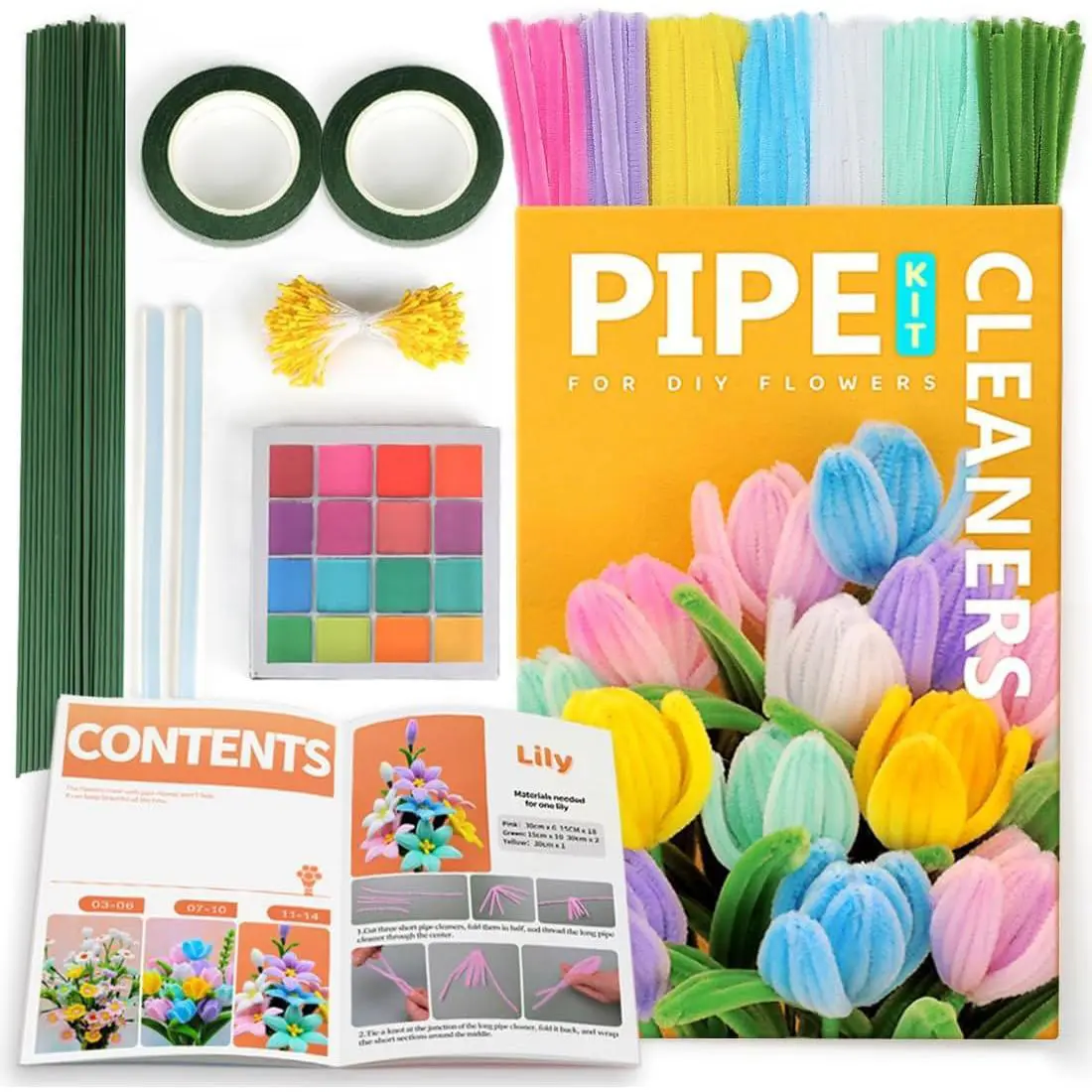 500pcs Multi-Colored Bendable Flower Pipe Cleaners DIY Craft Supplies Kit - Includes Stems, Cores, Glue Sticks, Tape, Flower Embellishments for Teacher Appreciation Gifts, Home Decor Projects
