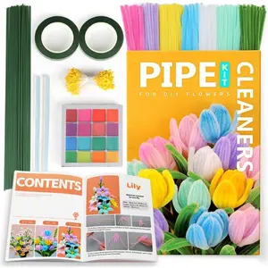 500pcs Pipe Cleaners Kit Multi-Colored Flower Making Set with Stems Cores Glue Sticks Tape Eyeshadow for DIY Projects and Home Decor
