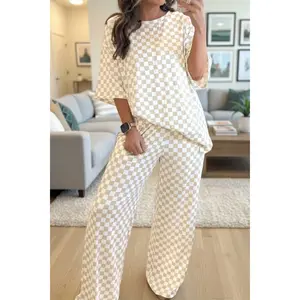 Khaki Checkered Print Half Sleeve Tee 2pcs Lounge Pant Set