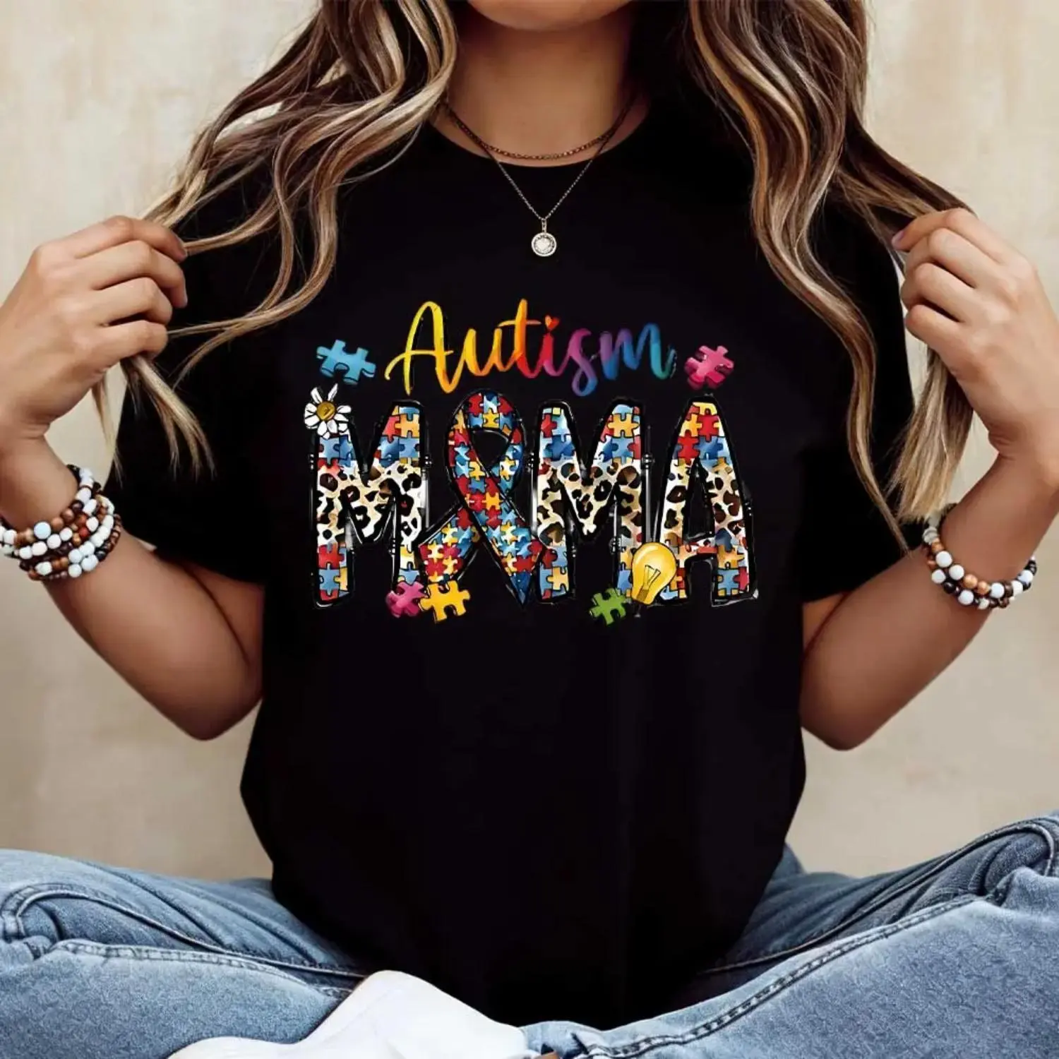 Women's Short-Sleeve Round Neck Sport T-Shirt - Bohemian Autism Awareness Support Top for Autism Mamas, Lady Casual Streetwear, Lightweight Absorbent White Sports & Outdoor Clothing