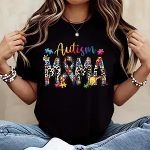 Autism Awareness Support T Shirt with Puzzle Pieces and Ribbon Print for Mothers and Casual Wear
