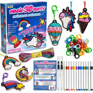 3D Puffy Art Kit for Kids – 3D Art Aqua Puffs Unicorn & Princess DIY Foam Painting, Mess-Free Paint by Number Craft, Keychains Travel Gift for Ages 4-10