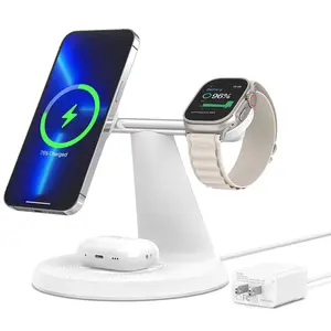 3-in-1 Silicone Wireless Charger Charging Hub - Metal & Plastic Stable Stand, Fast Charging Bundle for iPhone 11+, iWatch, Smartphone, Cellphone, Mobile Electronic Devices