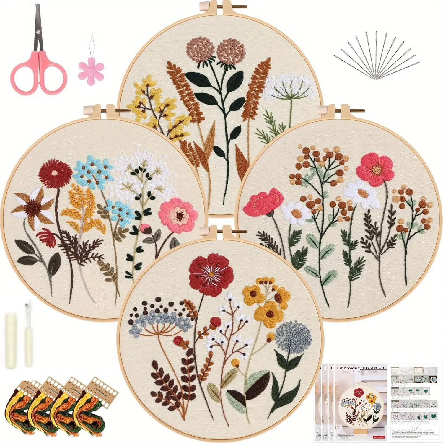 4 Sets Flower Embroidery Kit for Beginners, 1 wooden embroidery ring, thread and needle, Needlepoint Starter Kits with Patterns Embroidery Hoop Cloth Thread with Pattern and Instructions,