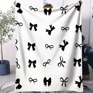 Sweet and cool black and white bow print blanket, comfortable, soft and lightweight blanket for all seasons, travel companion, and gift, Bowknot Design Blanket